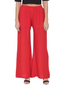 N-Gal Rayon Women's Wide Leg Elastic Waist Band Breathable Plain Palazzo Pant_Red