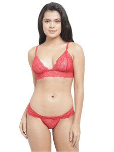 N-Gal Women's Sheer Lace Ruffle Edge Strappy Back Bra Underwear Lingerie Cut Out Thong Panty Set_Red