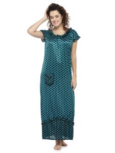 N-Gal Women's Satin Half Sleeves Polka Dot Nighty Night Dress Nightwear_Green