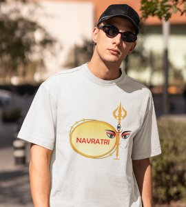 Navratri (Dhol and trishul) printed unisex adults round neck cotton half-sleeve white tshirt specially for Navratri festival/ Durga puja