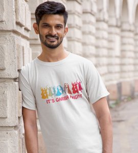 Its garba night printed unisex adults round neck cotton half-sleeve white tshirt specially for Navratri festival/ Durga puja