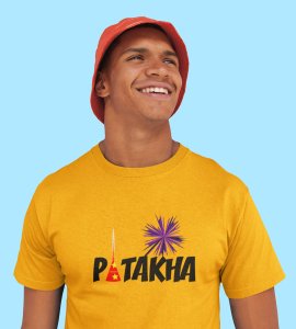 Patakha printed diwali themed unisex round neck blended yellow t-shirt specially for diwali festival