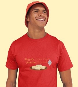 Keep the soan papdi printed diwali themed unisex round neck blended red t-shirt specially for diwali festival