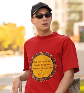 Small diyas surrounded mandala art printed diwali themed unisex round neck blended red t-shirt specially for diwali festival