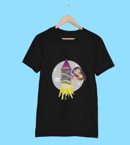 Rocket cracker printed diwali themed unisex round neck blended black t-shirt specially for diwali festival