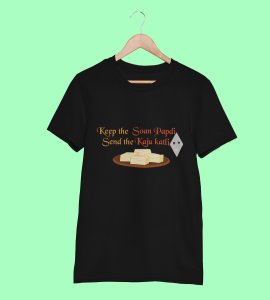 Keep the soan papdi text printed diwali themed unisex round neck blended black t-shirt specially for diwali festival