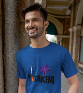 Patakha printed diwali themed unisex round neck blended blue t-shirt specially for diwali festival