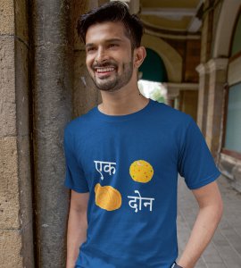 Ek laddoo, chakli don printed diwali themed unisex round neck blended blue t-shirt specially for diwali festival