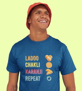 Colourful ladoo, chakli, karenji, repeat text printed diwali themed unisex round neck blended blue t-shirt specially for diwali festival