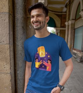 Air balloon & animated couple printed diwali themed unisex round neck blended blue t-shirt specially for diwali festival