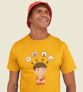 A child thinking printed diwali themed unisex round neck blended yellow t-shirt specially for diwali festival