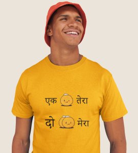 Ek ladoo tera, do ladoo mera printed diwali themed unisex round neck blended yellow t-shirt specially for diwali festival