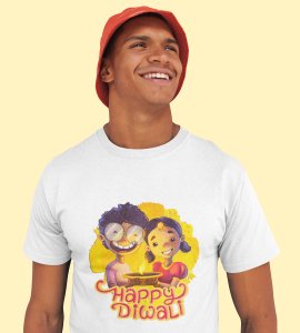 Diyas light and animated kids printed diwali themed unisex round neck blended yellow t-shirt specially for diwali festival