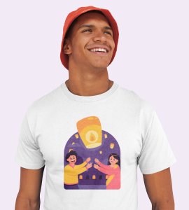 Air balloon & animated couple printed diwali themed unisex round neck blended white t-shirt specially for diwali festival