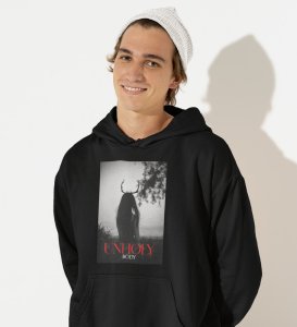 Devil's Body, Street Fusion:Black Trendy Front Print Round Neck Hoodies - Men's Edition