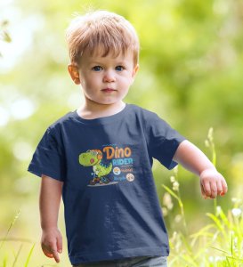 Dino Rider, Boys Round Neck Printed Blended Cotton T-shirt (Navy Blue)